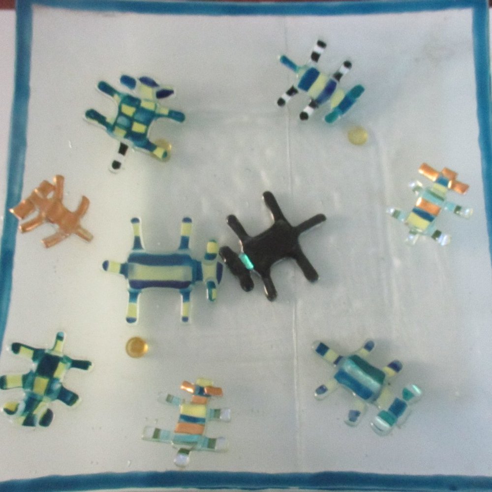 Fused Glass Platter 1999 square geometric design signed